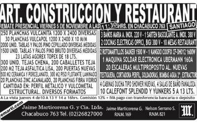 Remate presencial 5 Noviembre ART Construcción y Restaurante