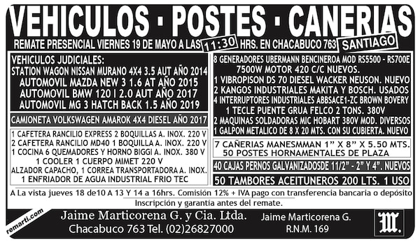 REMATE PRESENCIAL VIERNES 19 DE MAYO