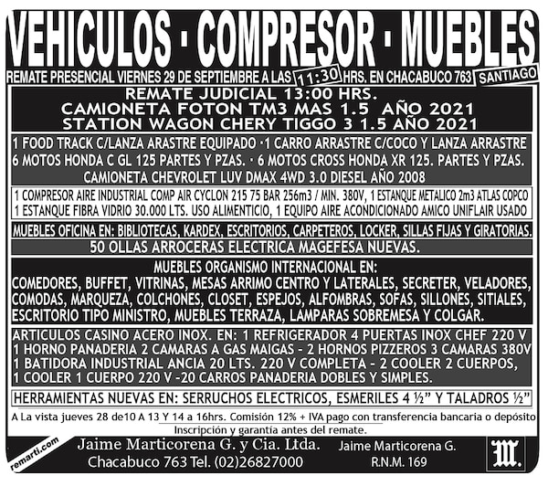 REMATE PRESENCIAL VIERNES 29 DE SEPTIEMBRE