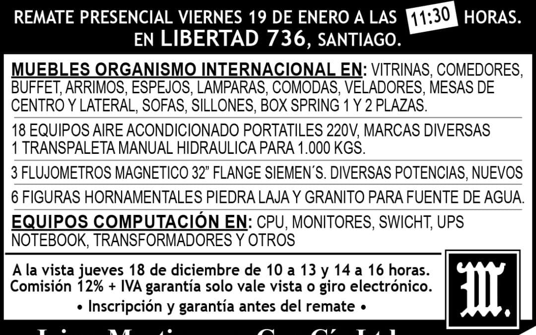 REMATE PRESENCIAL VIERNES 19 DE ENERO LIBERTAD 736, SANTIAGO.