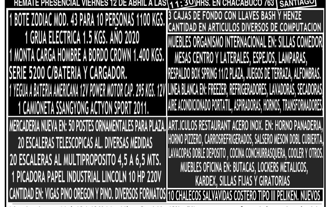REMATE PRESENCIAL VIERNES 12 DE ABRIL