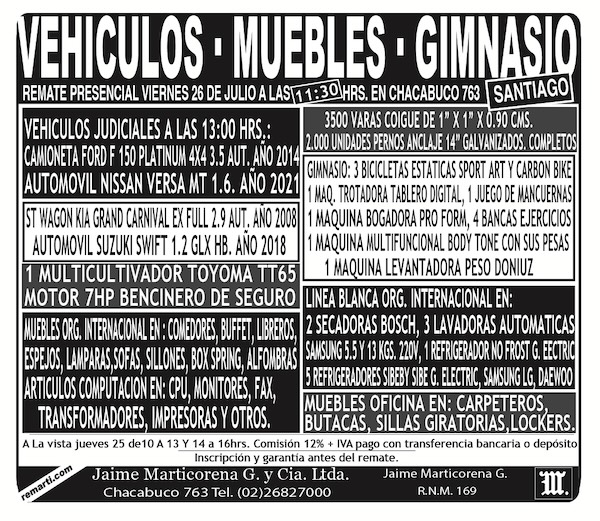 REMATE PRESENCIAL VIERNES 26 DE JULIO