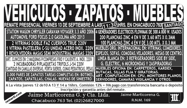 REMATE PRESENCIAL VIERNES 13 DE SEPTIEMBRE